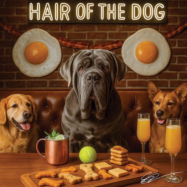 Hair of the Dog Neapolitan Mastiff 003 Ruff & Ready Funny Canine Art neon lights, bacon-woven flair, and egg murals