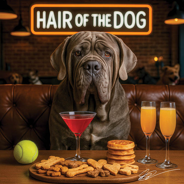 Hair of the Dog Neapolitan Mastiff 009 Ruff & Ready Funny Canine Art neon lights, bacon-woven flair, and egg murals