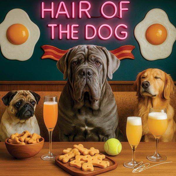Hair of the Dog Neapolitan Mastiff 011 Ruff & Ready Funny Canine Art neon lights, bacon-woven flair, and egg murals