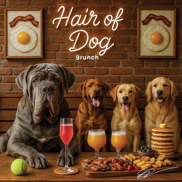 Hair of the Dog Neapolitan Mastiff 015 Ruff & Ready Funny Canine Art neon lights, bacon-woven flair, and egg murals