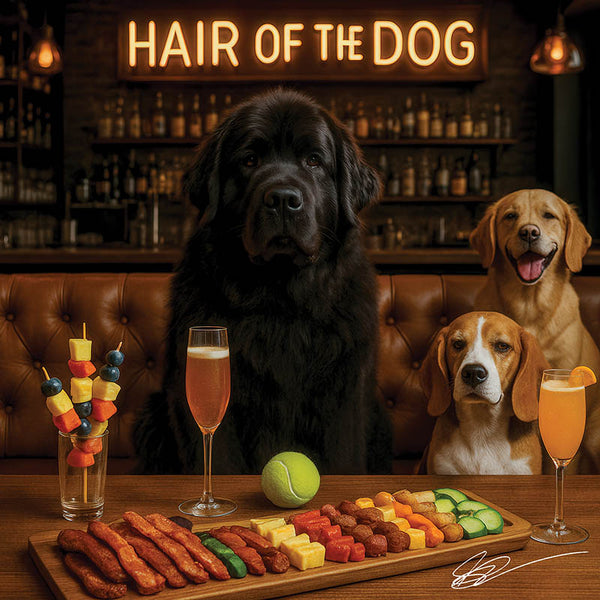 Hair of the Dog Newfoundland 001 Ruff & Ready Funny Canine Art neon lights, bacon-woven flair, and egg murals