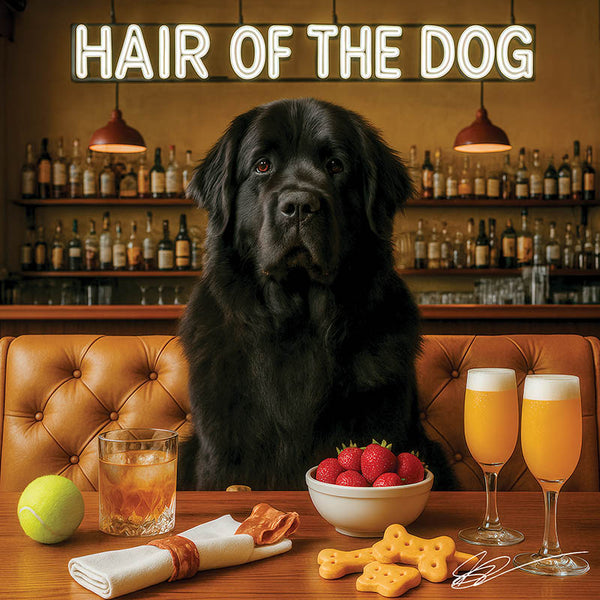 Hair of the Dog Newfoundland 014 Ruff & Ready Funny Canine Art neon lights, bacon-woven flair, and egg murals