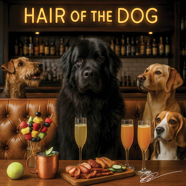 Hair of the Dog Newfoundland 015 Ruff & Ready Funny Canine Art neon lights, bacon-woven flair, and egg murals