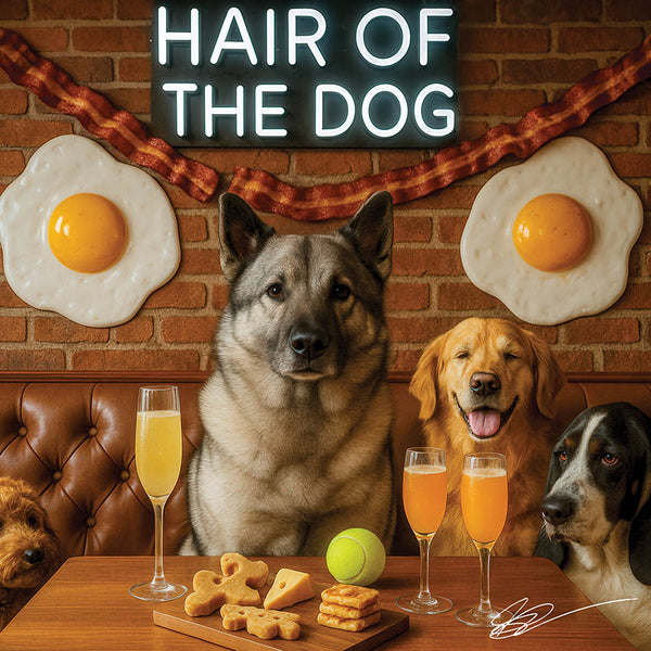 Sunrise Snout shines with Norwegian Elkhound 004 under neon lights, bacon-woven flair, and egg murals. Ruff, ready, ridiculously fun dog art on metal!
