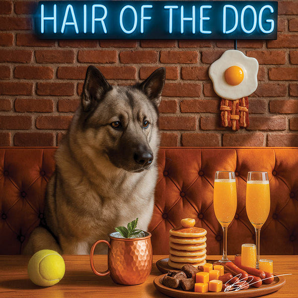 Sunrise Snout shines with Norwegian Elkhound 008 under neon lights, bacon-woven flair, and egg murals. Ruff, ready, ridiculously fun dog art on metal!