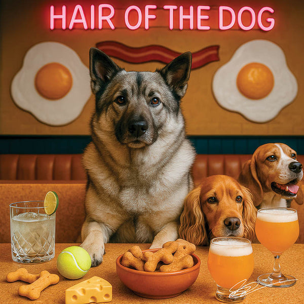Sunrise Snout shines with Norwegian Elkhound 014 under neon lights, bacon-woven flair, and egg murals. Ruff, ready, ridiculously fun dog art on metal!