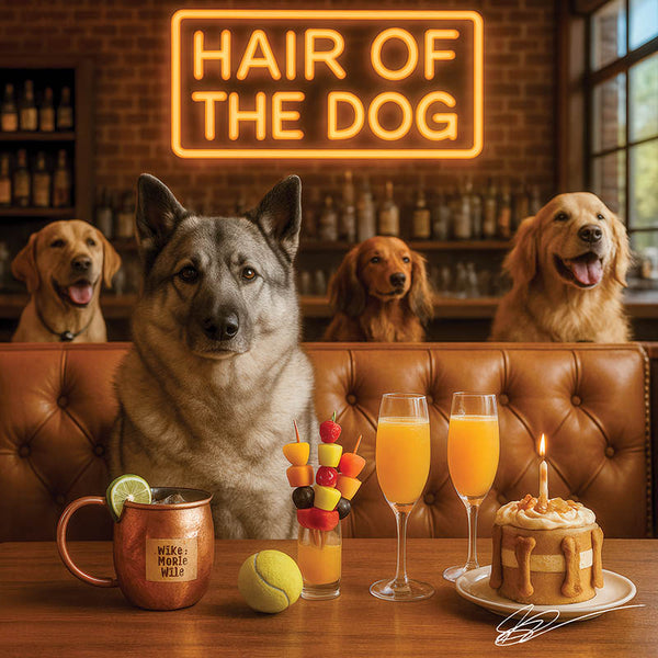 Sunrise Snout shines with Norwegian Elkhound 016 under neon lights, bacon-woven flair, and egg murals. Ruff, ready, ridiculously fun dog art on metal!