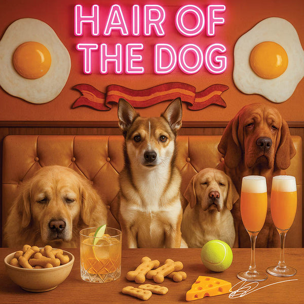 Sunrise Snout shines with Norwegian Lundehund 001 under neon lights, bacon-woven flair, and egg murals. Ruff, ready, ridiculously fun dog art on metal!