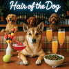 Norwegian Lundehund 005 sitting at a bar with drinks and snacks, with 'Hair of the Dog' text above.