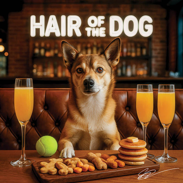Norwegian Lundehund 007 sitting at a bar with drinks and treats, with 'Hair of the Dog' text above.