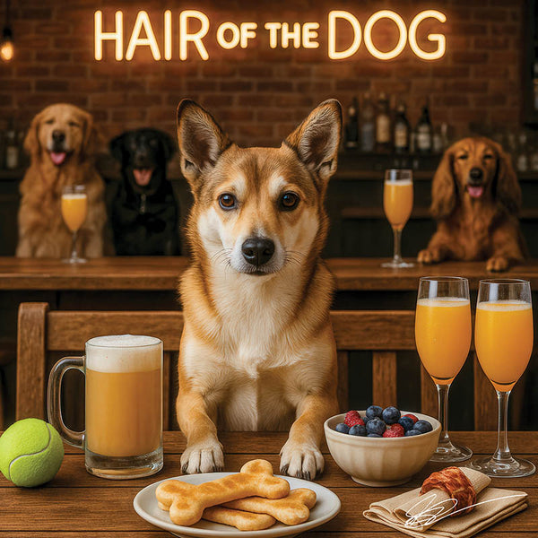 Norwegian Lundehund 008 sitting at a bar with drinks and food, with 'Hair of the Dog' neon sign in the background.