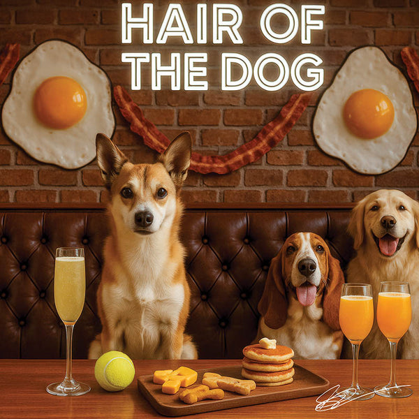 Norwegian Lundehund 009 sitting at a bar with drinks and food, with 'Hair of the Dog' text above.