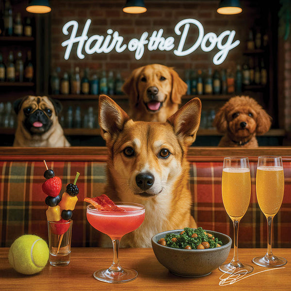 Norwegian Lundehund 011 in a bar setting with drinks and food, 'Hair of the Dog' neon sign.