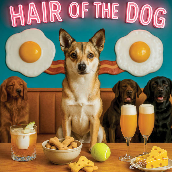 Norwegian Lundehund 012 sitting at a bar with other dogs, eggs, bacon, and drinks, with 'Hair of the Dog' text.