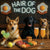 Norwegian Lundehund 013 Three dogs sitting at a bar with drinks and food, with 'Hair of the Dog' neon sign above.