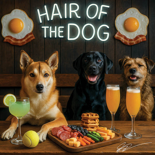 Norwegian Lundehund 013 Three dogs sitting at a bar with drinks and food, with 'Hair of the Dog' neon sign above.