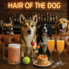 Norwegian Lundehund 014 Four dogs at a bar with drinks and snacks, featuring a neon sign 'Hair of the Dog'.