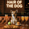 Norwegian Lundehund 015 sitting at a bar with drinks and treats, with 'Hair of the Dog' neon sign in the background.