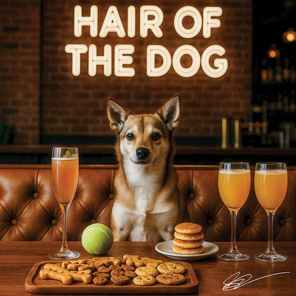 Norwegian Lundehund 015 sitting at a bar with drinks and treats, with 'Hair of the Dog' neon sign in the background.