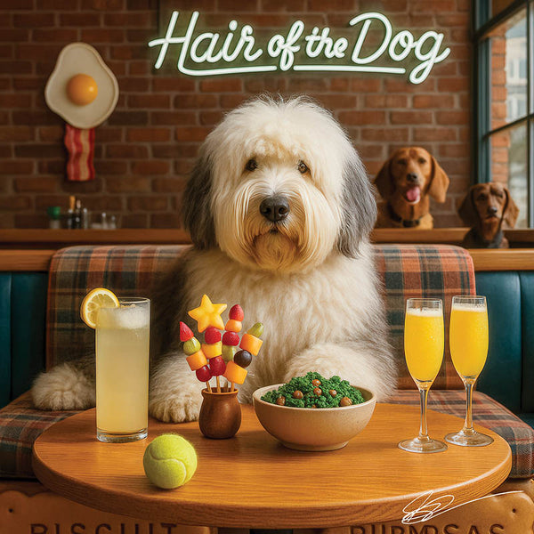 Hair of the Dog Old English Sheepdog 006 Ruff & Ready Funny Canine Art neon lights, bacon-woven flair, and egg murals