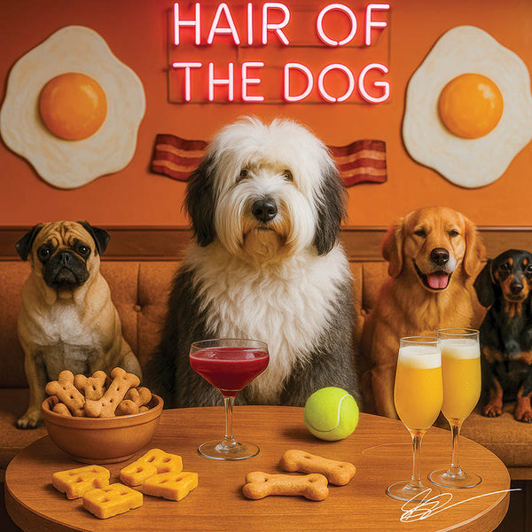 Hair of the Dog Old English Sheepdog 009 Ruff & Ready Funny Canine Art neon lights, bacon-woven flair, and egg murals