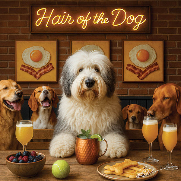 Hair of the Dog Old English Sheepdog 010 Ruff & Ready Funny Canine Art neon lights, bacon-woven flair, and egg murals