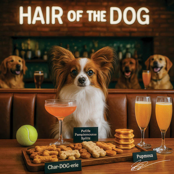 Hair of the Dog Papillon 006 Ruff & Ready Funny Canine Art neon lights, bacon-woven flair, and egg murals