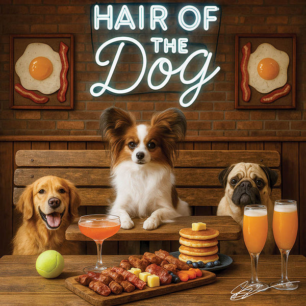 Hair of the Dog Papillon 009 Ruff & Ready Funny Canine Art neon lights, bacon-woven flair, and egg murals