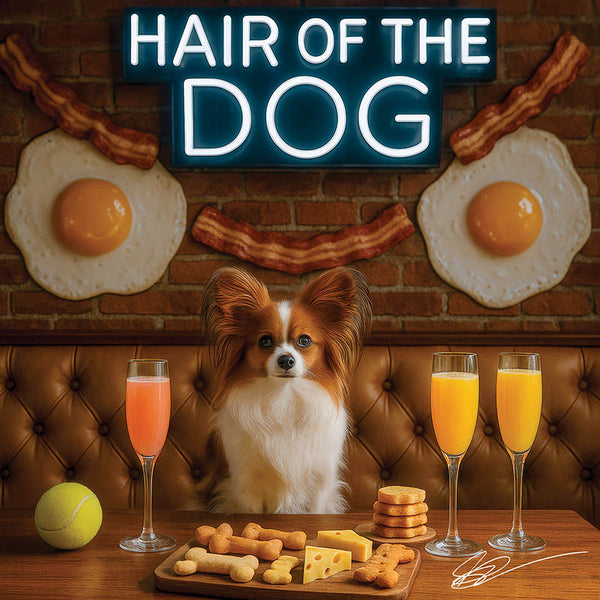 Hair of the Dog Papillon 010 Ruff & Ready Funny Canine Art neon lights, bacon-woven flair, and egg murals