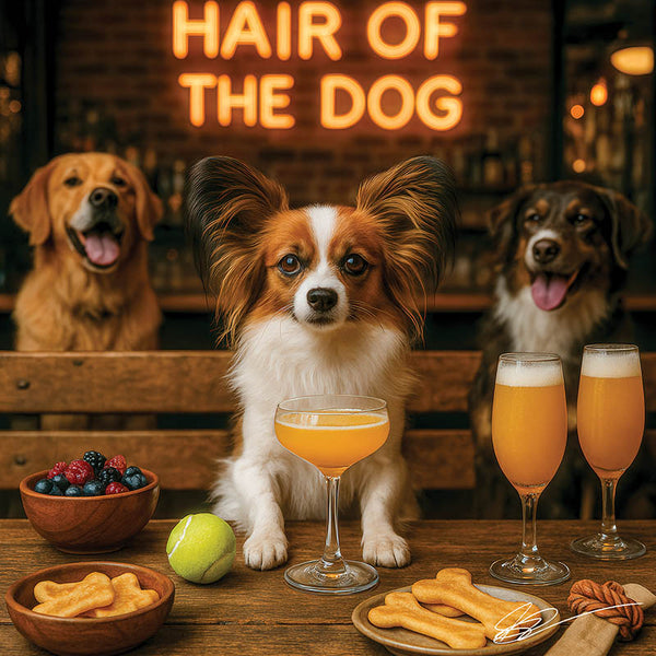 Hair of the Dog Papillon 011 Ruff & Ready Funny Canine Art neon lights, bacon-woven flair, and egg murals
