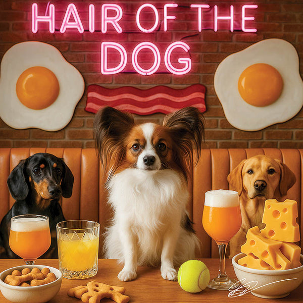 Hair of the Dog Papillon 013 Ruff & Ready Funny Canine Art neon lights, bacon-woven flair, and egg murals