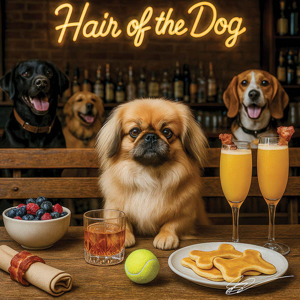 Hair of the Dog Pekingese 007 Ruff & Ready Funny Canine Art neon lights, bacon-woven flair, and egg murals