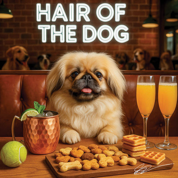 Hair of the Dog Pekingese 011 Ruff & Ready Funny Canine Art neon lights, bacon-woven flair, and egg murals