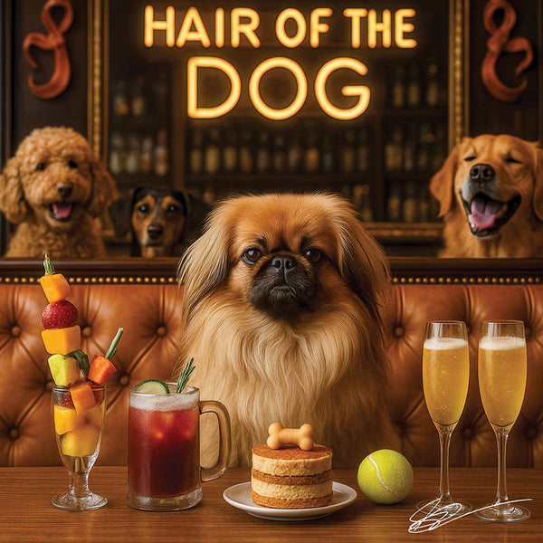 Hair of the Dog Pekingese 016 Ruff & Ready Funny Canine Art neon lights, bacon-woven flair, and egg murals