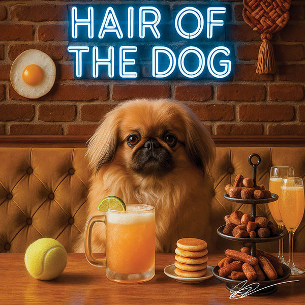Hair of the Dog Pekingese 020 Ruff & Ready Funny Canine Art neon lights, bacon-woven flair, and egg murals