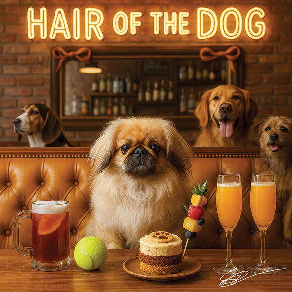 Hair of the Dog Pekingese 022 Ruff & Ready Funny Canine Art neon lights, bacon-woven flair, and egg murals