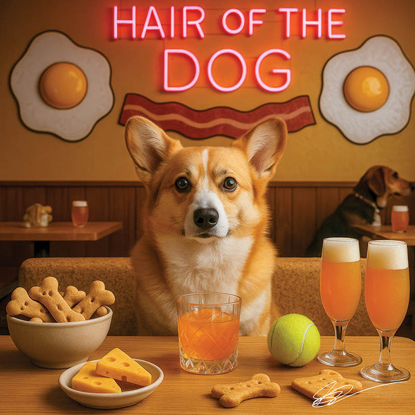 Hair of the Dog Pembroke Welsh Corgi 001 Ruff & Ready Funny Canine Art neon lights, bacon-woven flair, and egg murals