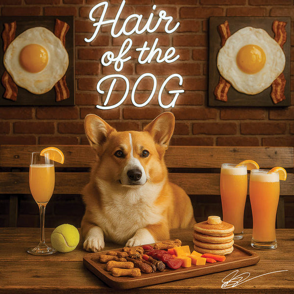 Hair of the Dog Pembroke Welsh Corgi 004 Ruff & Ready Funny Canine Art neon lights, bacon-woven flair, and egg murals