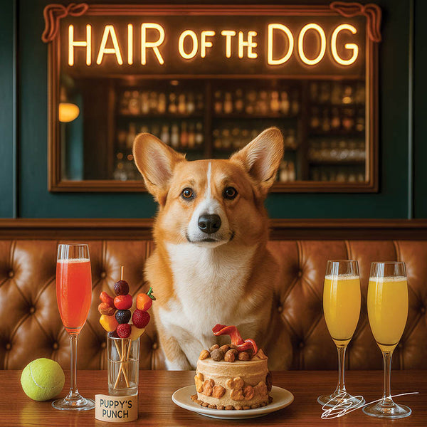 Hair of the Dog Pembroke Welsh Corgi 005 Ruff & Ready Funny Canine Art neon lights, bacon-woven flair, and egg murals