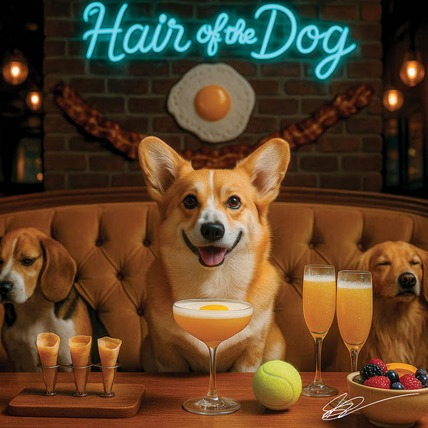 Hair of the Dog Pembroke Welsh Corgi 006 Ruff & Ready Funny Canine Art neon lights, bacon-woven flair, and egg murals