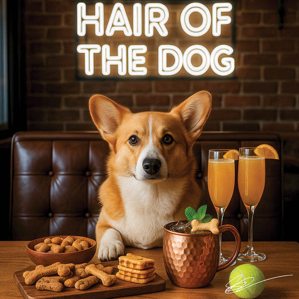 Hair of the Dog Pembroke Welsh Corgi 011 Ruff & Ready Funny Canine Art neon lights, bacon-woven flair, and egg murals
