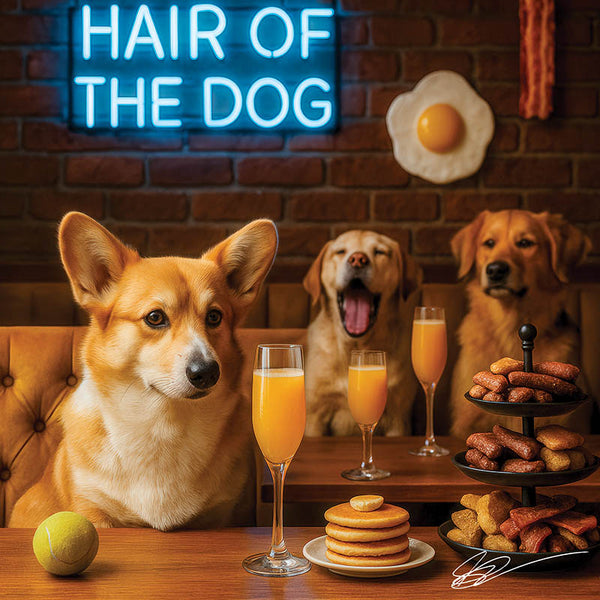 Hair of the Dog Pembroke Welsh Corgi 016 Ruff & Ready Funny Canine Art neon lights, bacon-woven flair, and egg murals
