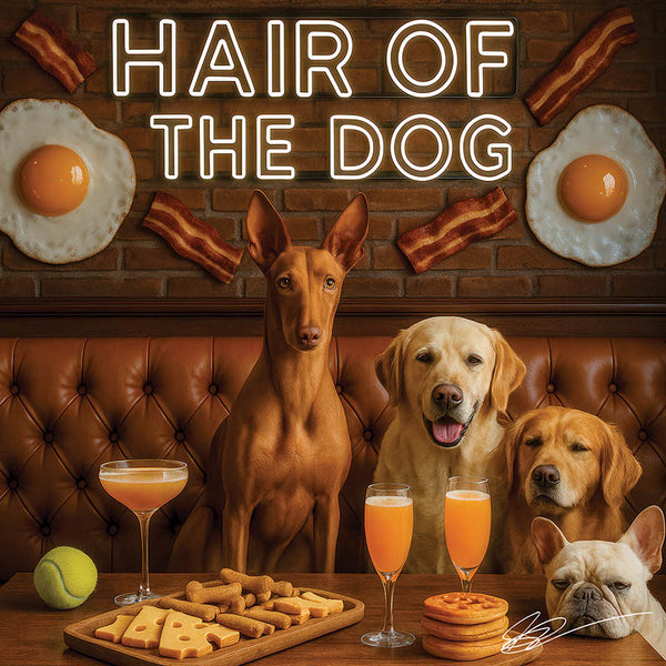 Hair of the Dog Pharaoh Hound 005 Ruff & Ready Funny Canine Art neon lights, bacon-woven flair, and egg murals