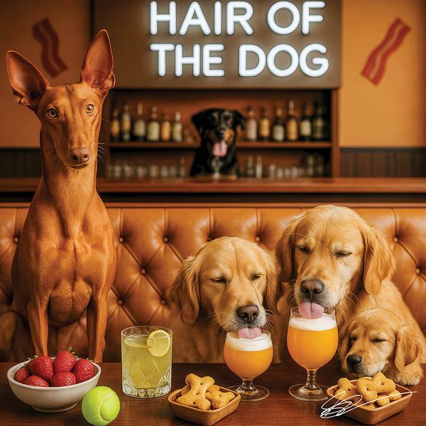 Hair of the Dog Pharaoh Hound 007 Ruff & Ready Funny Canine Art neon lights, bacon-woven flair, and egg murals