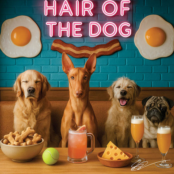 Hair of the Dog Pharaoh Hound 010 Ruff & Ready Funny Canine Art neon lights, bacon-woven flair, and egg murals