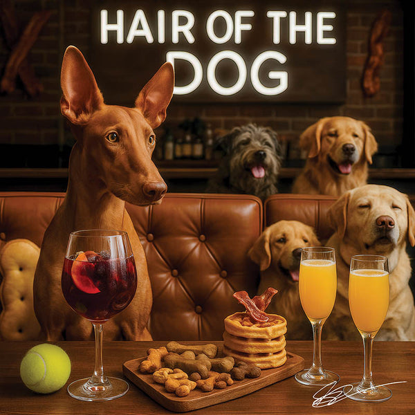 Hair of the Dog Pharaoh Hound 011 Ruff & Ready Funny Canine Art neon lights, bacon-woven flair, and egg murals