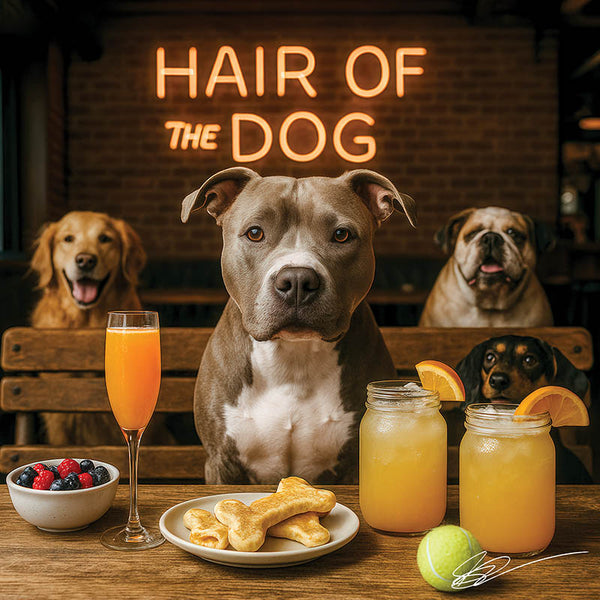 Hair of the Dog Pit Bull 002 Ruff & Ready Funny Canine Art neon lights, bacon-woven flair, and egg murals