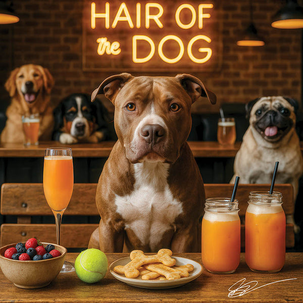 Hair of the Dog Pit Bull 003 Ruff & Ready Funny Canine Art neon lights, bacon-woven flair, and egg murals