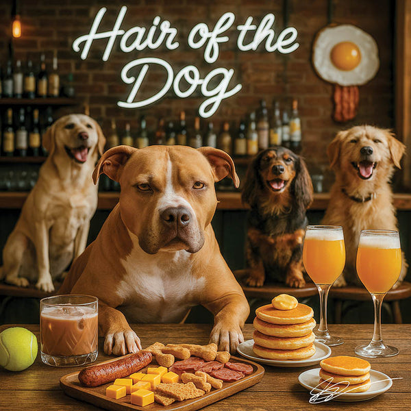 Hair of the Dog Pit Bull 004 Ruff & Ready Funny Canine Art neon lights, bacon-woven flair, and egg murals