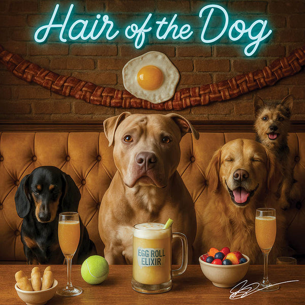 Hair of the Dog Pit Bull 006 Ruff & Ready Funny Canine Art neon lights, bacon-woven flair, and egg murals